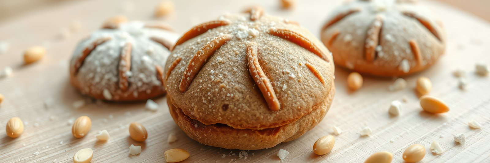 Delicious nutty cookies dusted with sugar served on a wooden surface in a cozy setting